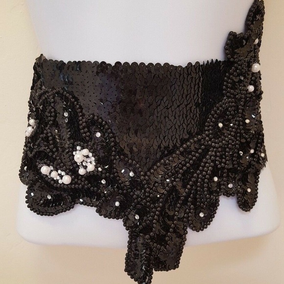 Onyx Black Sequin Bead Wedding Obi Belt Sash main image 4